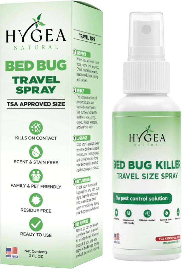 Hygea Natural Lice, Mite, and Bed Travel Spray - TSA Approved Size Child & Pet Friendly Immediate Results Stain & Odor Free, for Hotels, Suitcase, Backpack, Shoes, Bed Bug Spray(3oz) (Regular Strength Spray)