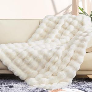 Touchat Luxury 1000GSM Faux Rabbit Fur Throw Blanket, Super Heavy Warm Cozy Blankets for Couch Bed Sofa, Bubble Plush Fuzzy Elegant Soft Reversible Mink Blanket for Living Room Bedroom, Cream White (Throw-50"x60")