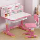 Kids Desk and Chair Set, Height Adjustable Child's School Study Writing Tables, Kids Desk with Bookstand and Storage Drawer, Widened Desktop with Desktop for Boys and Girls