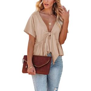 Women's Short Sleeve V Neck Blouses Ruffle Hem Tie Front Crop Tops Lightweight Basic Summer Tops, Size M, Peach