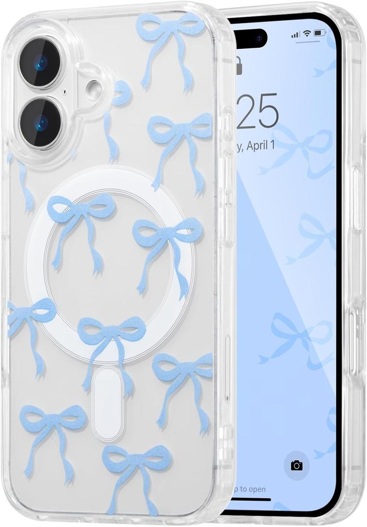 UEEBAI Magnetic for iPhone 16 Case, Bow Case Compatible with MagSafe, Wireless Slim Clear Ribbon Aesthetic Phone Cover Anti-Yellowing Shockproof Protective Cover for Women Girl - Baby Blue