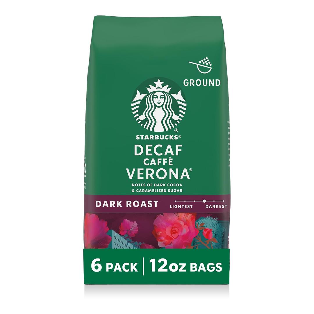Starbucks Ground Coffee, Dark Roast Hot or Iced Coffee, Decaf Caff Verona, Six 12 oz Bags (EXP 11/02/26)