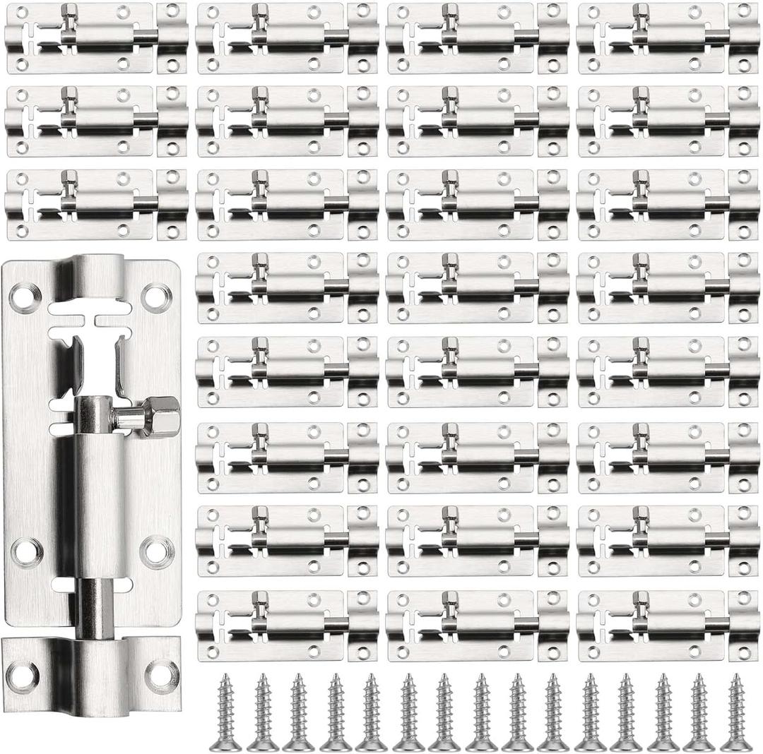 SINJEUN 30 Pack 3 Inch Barrel Bolt, Stainless Steel Slide Lock, Thickened Door Latch Slide Latch Lock with 120 Mounting Screws, Sliding Latch Hardware for Door Locking, Silver