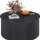 Round Coffee Table, Fluted Wooden Center Table, Circular Mid-Century Modern Coffee Tables for Small Space, Living Room, Bedroom (31.5 Inch, Black), 31.5" x 31.5" x 15.35"