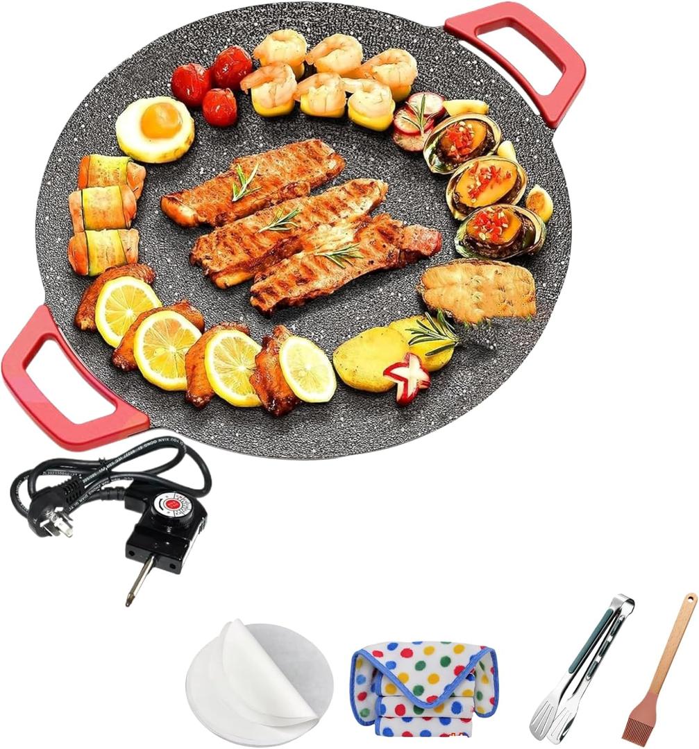 Indoor Smokeless Electric Griddle, Non-Stick Electric Indoor Grill Pan,Includes: 10 Sheets Of 12.6-Inch Blotting Paper,3 Towels, 1 Food Tongs, 1 Wooden-Handled Oil Brush (16inch)