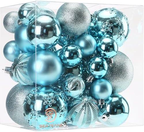 Sea Team 36-Pack Shatterproof Plastic Christmas Ball Ornaments Set, Multi-Size Christmas Baubles, Hanging Decorations for Xmas Tree, Wreath, Garland, (1.57-3.15 Inches, Babyblue)