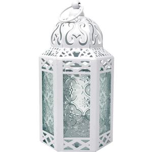 VELA LANTERNS 8.5" Small White Metal Decorative Moroccan Lantern Candle Holder Lamp - Indoor/Outdoor, Home Decor, Patio, Weddings, Ramadan Decor