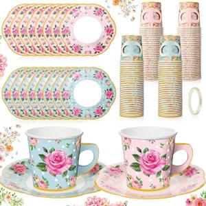 Umigy 36 Sets Tea Party Decorations Floral Paper Tea Cups with Handle and Plates Disposable Blossom Teacups Saucers Sets with Tape for Hot Cold Drink Birthday (Blue Pink,6.5 oz)