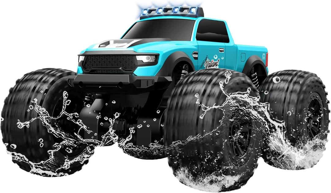 Threeking 1:14 Waterproof Monster Truck Toys RC Cars Speed-Adjustable Amphibious Remote Control Car Trucks with Lights 4WD All Terrain Off-Road Pickup Toy Gifts Presents (Blue)
