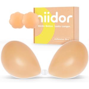 Niidor Adhesive Bra Strapless Ultra Sticky Invisible Push up Silicone Bra Multiple Colors Sizes Reusable for Backless Dress (Creme)