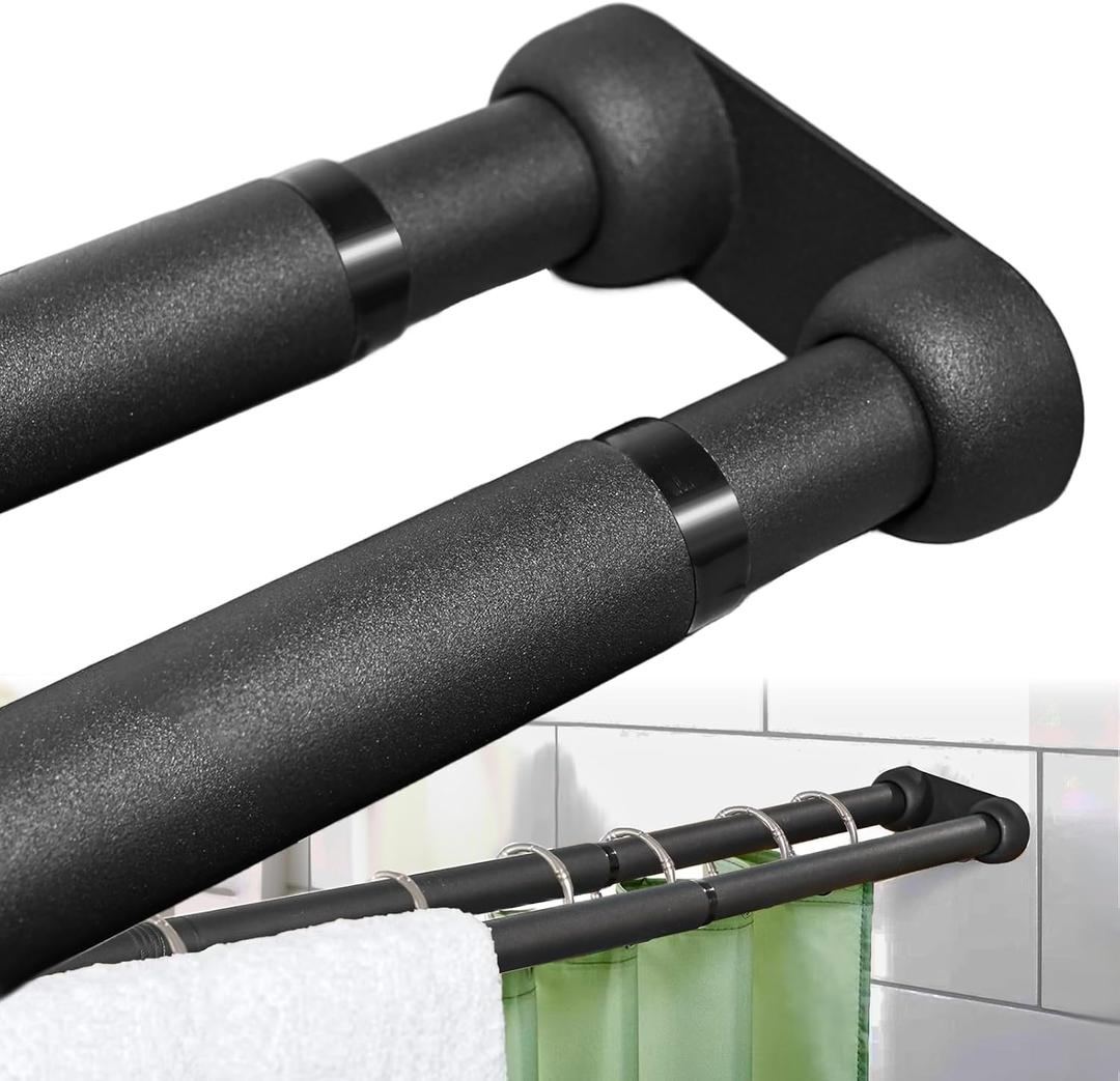Double Shower Curtain Rod 27 to 47 Inches,Elegant Wall Mounted Double Shower Rods, Black Adjustable Curtain Pole for Bathroom,Laundry,Room Divider,Kitchen