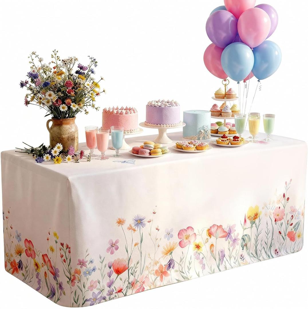Tegeme 6 ft Wildflower Tablecloth Washable 72" x 30" Spring Flower Tablecloth Butterfly Rectangle Washable Fabric Polyester Table Cover Protector for Home Picnic Tea Easter Party Decoration