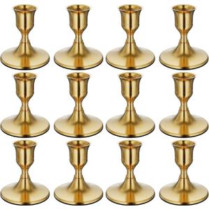 12PCS Brass Gold Taper Candle Holders Set, Vintage Metal Candlestick Holders for Dinner Room Table Centerpiece or Mantel Wedding Party Decor
