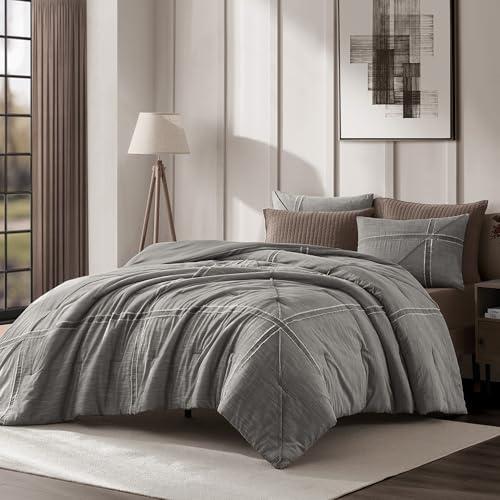 Wonderful Black Grey Comforter Set King Size Cotton Bedding Set, Yarn-Dye Weaved, Slub Textured Jacquard, Hotel Style, Geometric Raw Edge Sticker Lightweight Comforter with Pillowshams for All Season