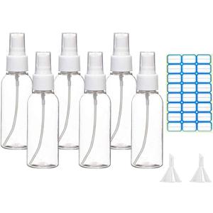 VIGOR PATH Mini Travel Spray Bottles, 2oz/50ml Clear Empty Plastic Containers with Fine Mist Sprayer, Set of 6 with Labels Included