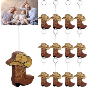 12 Pcs Cowboy Boots Table Number Holders Wooden Photo Balloon Place Card Holder Cute Cowboy Picture Number Sign Stands for Western Party Birthday Wedding Party Event(Brown)