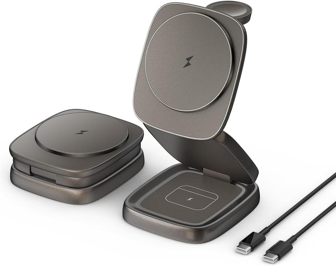 3-in-1 Magnetic Wireless Charging Station for Apple Devices - 15W Fast Charge with 30W Adapter, Foldable Aluminum Travel Dock for iPhone 17/16/15/14/13/12 Series, iWatch, AirPods