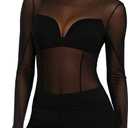 Women's Mesh Sheer Long Sleeve Tops Sexy See Through Mock Neck Going Out Shirts (Medium, Black)