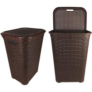 Elly dcor Set 2 Rattan 12 gallons Tall Plastic Laundry Hamper, Laundry Basket with Cutout Handles, Washing Bin, Dirty Clothes Storage, Bathroom, Bedroom, Closet, 48 lts Chocolate