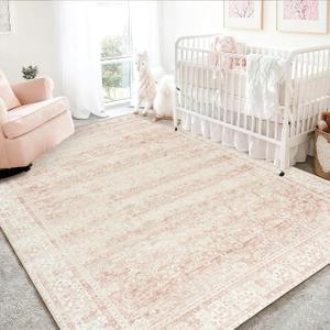 Pink Nursery Rug for Girls Room Vintage Floral Washable 5x7 Rugs for Dorm