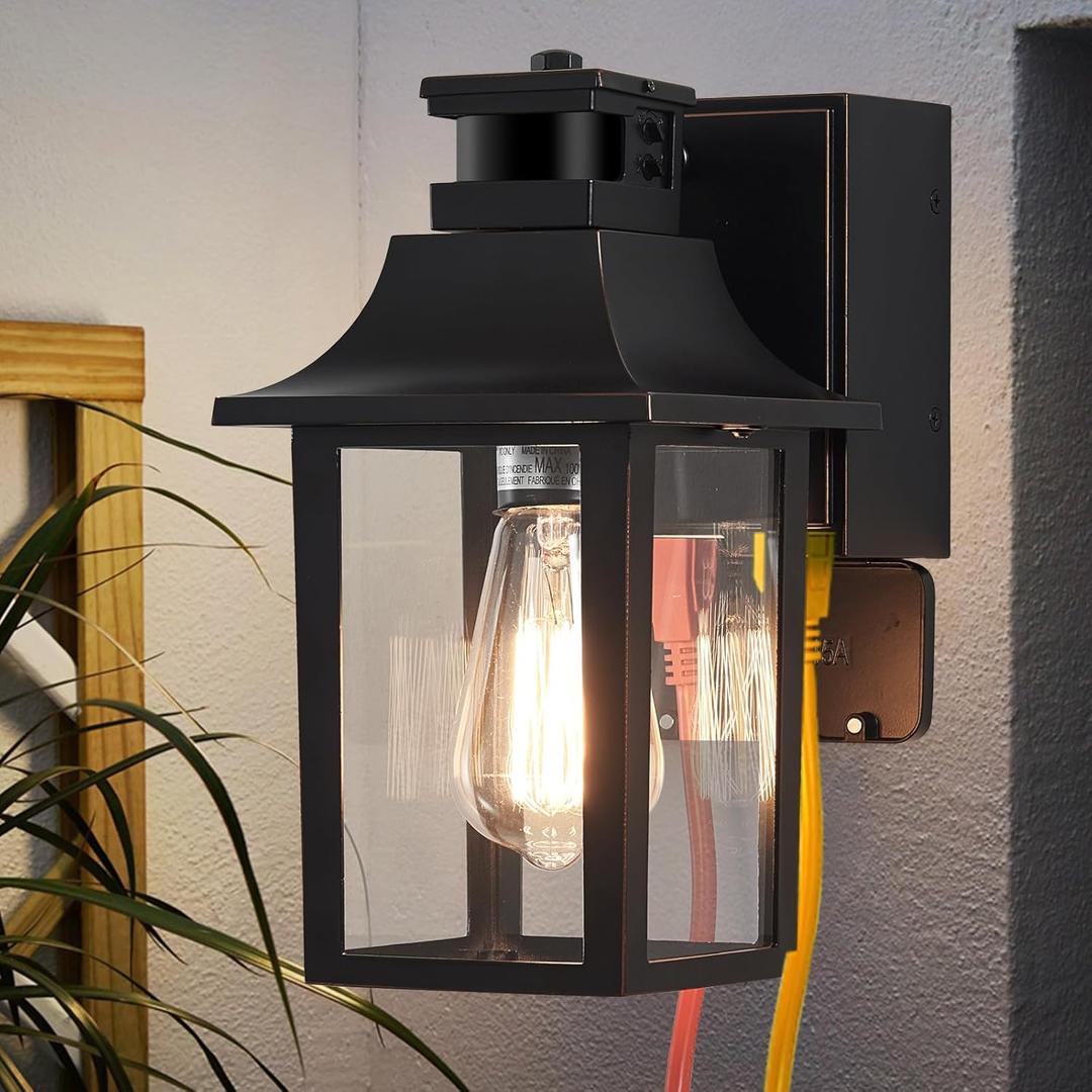 Porch Light with GFCI Outlet Dusk to Dawn Motion Sensor Outdoor Light 3 Light Modes Exterior Light Fixture Waterproof Outside Wall Light for House Patio Garage (Black 1-pack, Black with Copper Trim) Porch Light with GFCI Outlet Dusk to Dawn Motion Sensor Outdoor Light 3 Light Modes Exterior Light Fixture Waterproof Outside Wall Light for House Patio Garage (Black 1-pack, Black with Copper Trim)