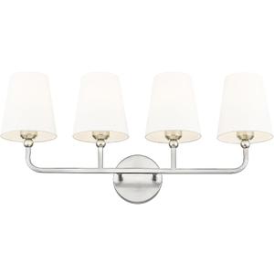 Bathroom Light Fixtures, 4 Light Vanity Lights with Flared White Fabric Shade, 28 Inch Brushed Nickel Wall Sconce, Modern Sconces Wall Lighting for Hallway Bedroom, VL837-BN-4