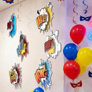 Preboun 6 Pcs Hero Party Decorations 3D Multilayer Comic Action Sign Cutouts Sign Fun Action Paper Cutouts Spider Bat Birthday Party Decor for Classroom Birthday Baby Shower Office Photo Prop (Hero)