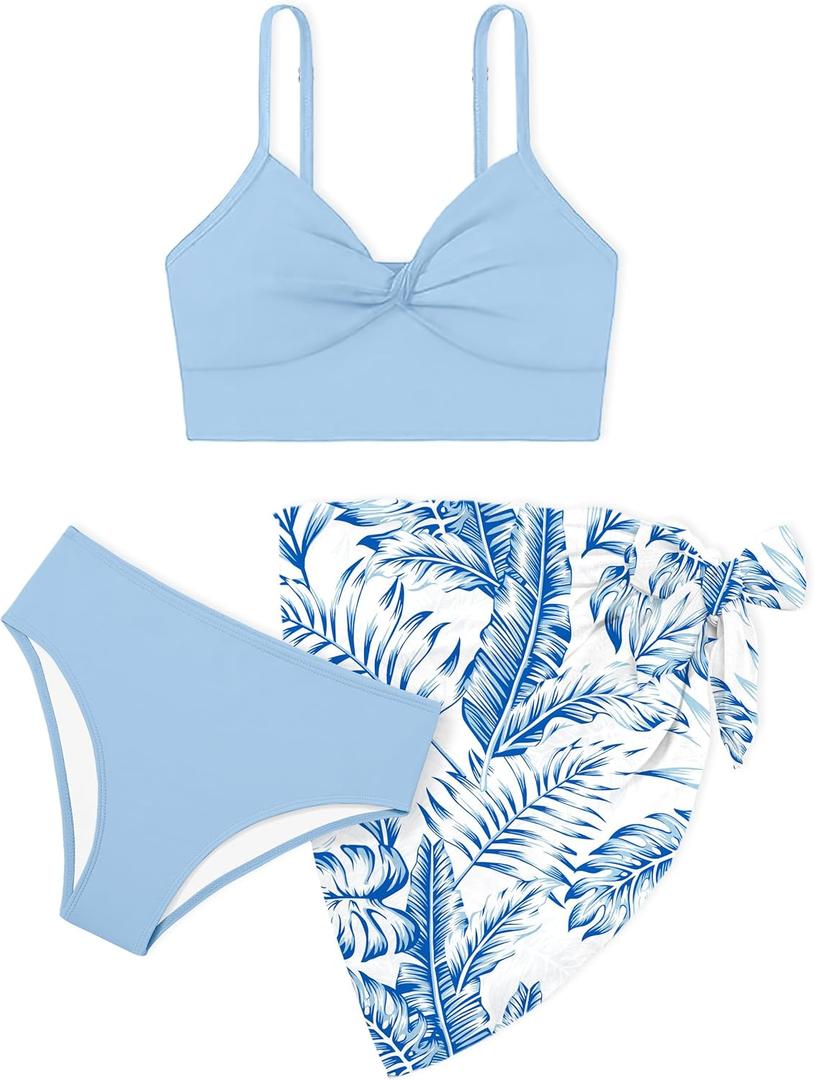 MIGU Girls Swimsuit Bathing Suit Solid Color Twist Cross Tropical Floral 3 Piece Girls' Swimwear Bikini with Cover Up 9-16T (13-14 Years, Blue)