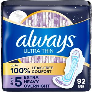 Always Ultra Thin Overnight Pads, Size 5, Extra Heavy Overnight, Unscented, 92 Count (2 Packs of 46)