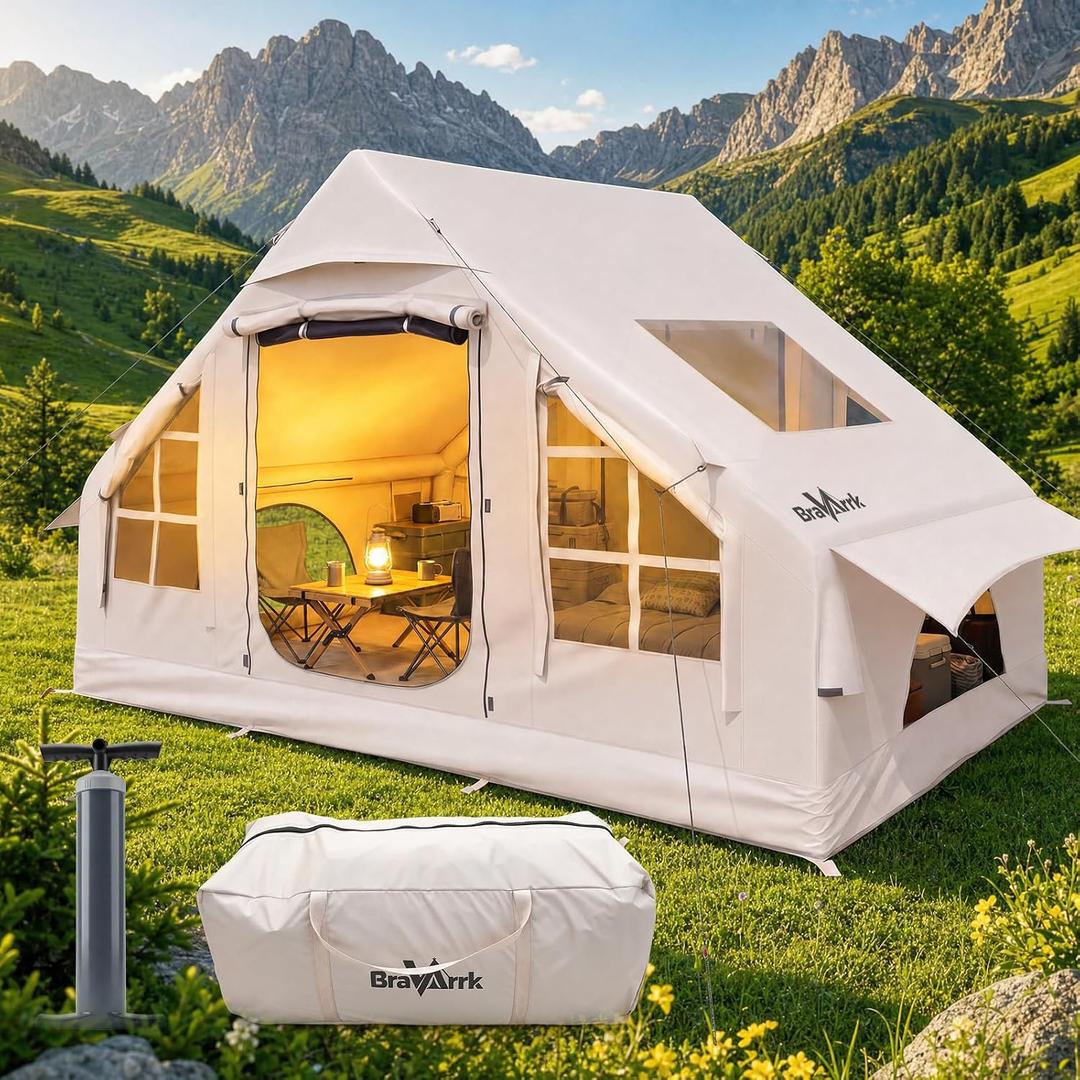 Inflatable Tent with Skylight, 4-6 Person Portable Blow Up Tent, Hot Tent with Stove Jack, Inflatable House for Camping, Quick Setup Air Tent for Family Outdoor, Hiking, Glamping, Waterproof with Pump