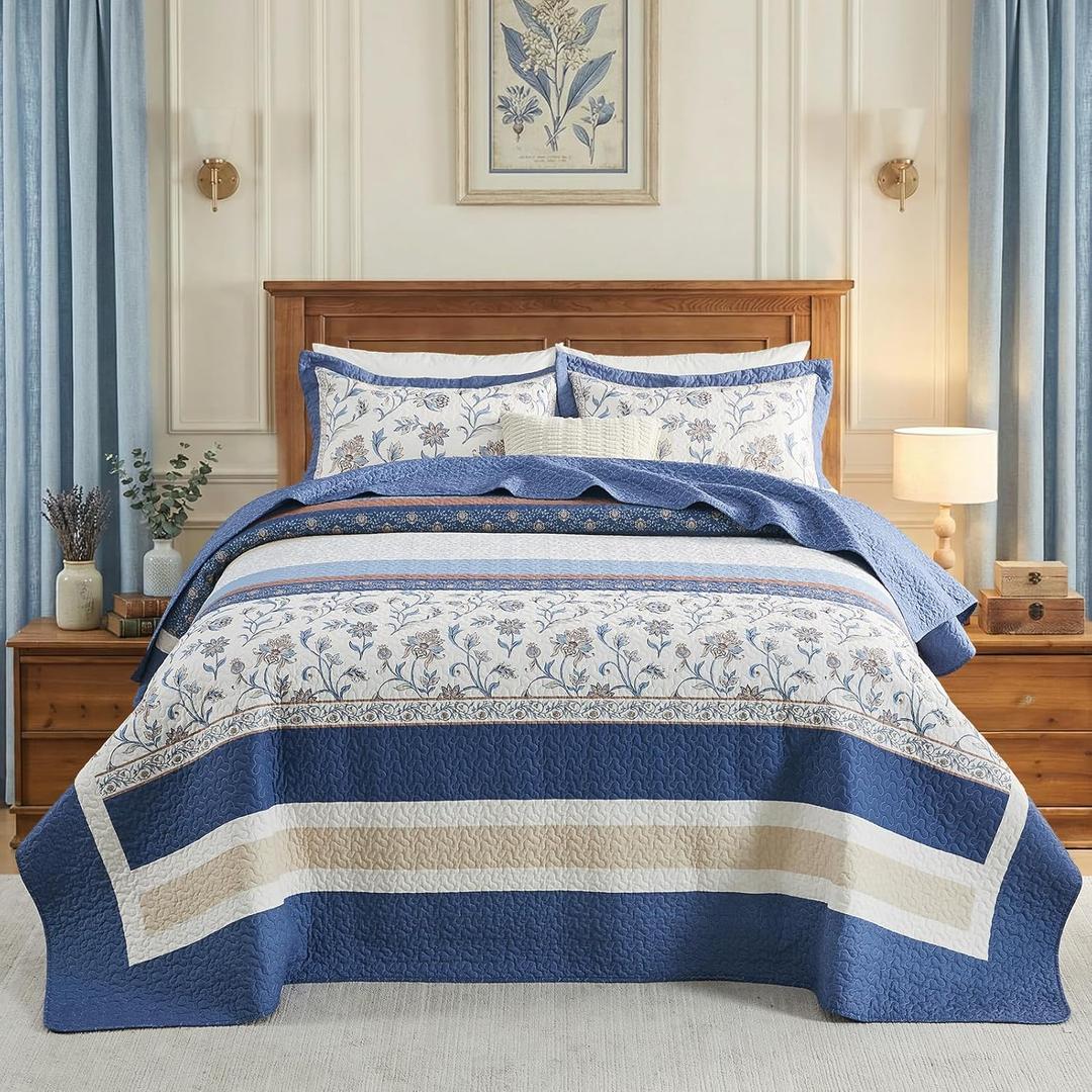 100% Cotton Oversized Queen Bedspread 102"x120" - Lightweight Vintage Farmhouse Quilt with 2 Pillowshams, Reversible Printed Floral Striped Bedding Coverlet Set, 3 Pcs, Dark Blue/Brown/Cream