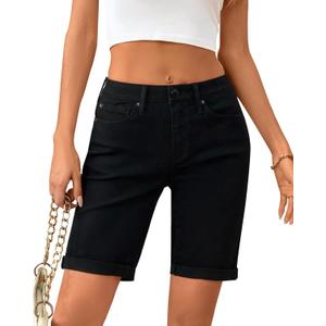 OFLUCK Shorts for Women Mid Rise Roll Cuff Bermuda Stretch Denim Jean Shorts (Black)