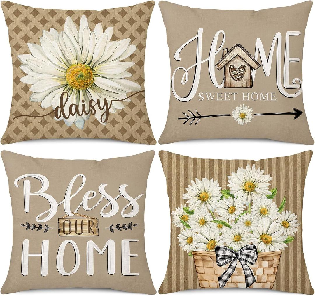 Daisy Throw Pillow Covers 18 x 18 Set of 4 Sweet Home Bless Our Home Spring Summer Decorative Cushion Case for Sofa Couch Living Room (Brown)