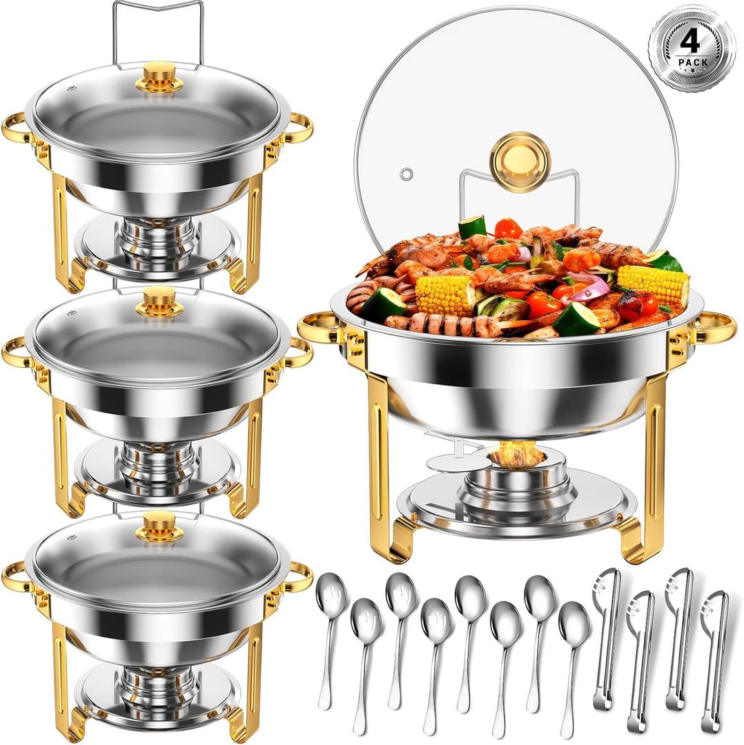Round Chafing Dishes for Buffet 5 Qt,High Grade Chafing Dish Buffet Set with Glass Lid & Lid Holder,Full Size Pan,Food Warmers for Parties,Buffet,Wedding, Birthday 4 Pack (Half Gold)