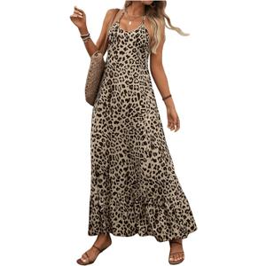 SweatyRocks Women's Leopard Print Ruffle Sleeveless Halter Maxi Dress Vacation Dresses (Multicolor)