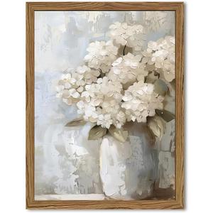 Framed Vintage Canvas Wall Art, White Hydrangea Floral Wall Decor Paintings, Flower Pictures Prints Aesthetic Home Decor for Living Room Bedroom Bathroom Office 16x24 inch