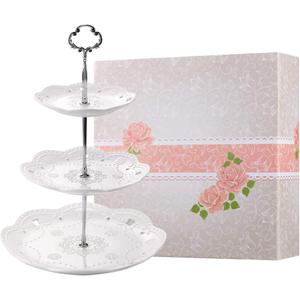 BonNoces 3-Tier Porcelain Cupcake Stand Serving Tray - White Embossed Elegant Dessert Cake Stand - Pastry Serving Stand for Tea Party, Wedding and Birthday