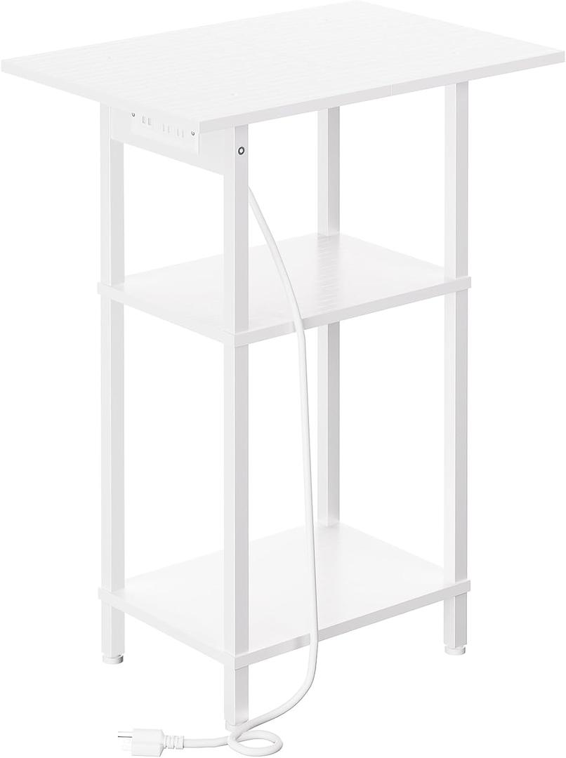 Asgolion Tall Side Table with Charging Station, Skinny End Table Nightstand with USB Ports and Outlets, 3 Tier Narrow Side Table with Storage for Bedroom, Living Room, Office, Nursery, White