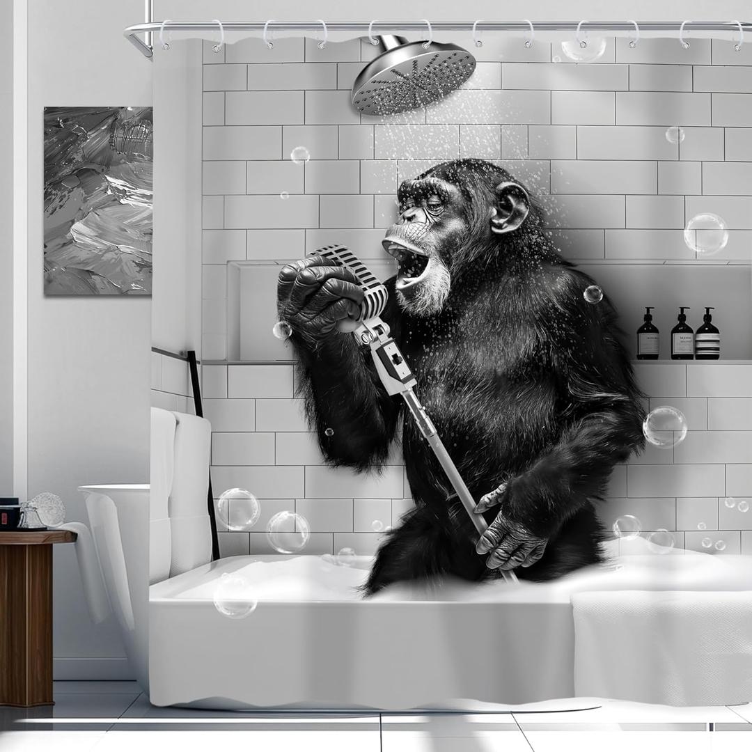 Newsely Funny Monkey Shower Curtain 60Wx72H Inch Black White Animal Chimpanzee Singing in Bathtub Men Kids Boy Shower Curtain Bathroom Set Modern Cool Waterproof Bath Decoration Accessories Home Decor