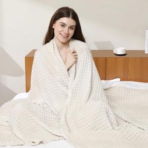 Aganear Waffle Blanket - Lightweight Breathable Summer Blanket of 50% Cotton and 50% Rayon Derived from Bamboo for Hot Sleepers Luxury Throws for Bed, Couch and Sofa,Beige,90x90 Inches (Queen)