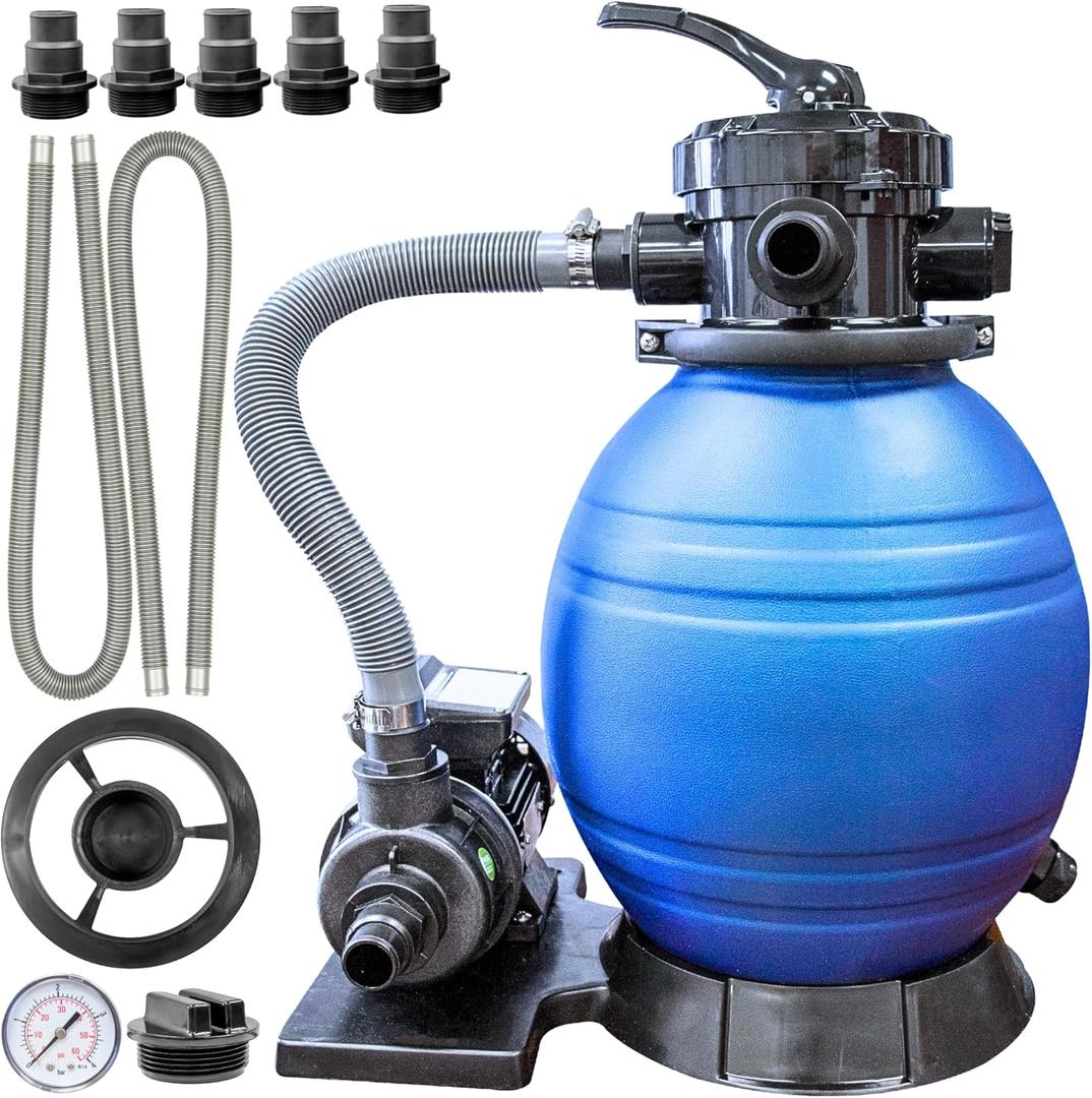 SWIMLINE HYDROTOOLS Complete Sand Filter System, 12" Tank - for Above-Ground Pools Up to 8,000 Gallons, Single Speed Pump, 0.3 THP, 1,980 GPH, 4-Way Multi-Port Valve, 42 lb Capacity