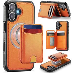 for iPhone 17 Wallet Case Compatible with Magsafe, Magnetic RFID Blocking Card Holder Kickstand 2 in 1 Detachable Case for iPhone 17 6.3", Orange