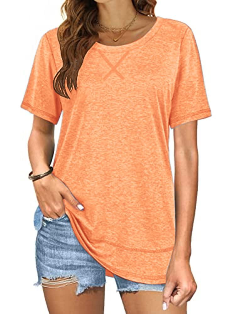 Beimuc Summer Tops for Women Short Sleeve Crewneck Tshirts Side Split Loose Fit Tunic Shirts Orange (Orange, S)