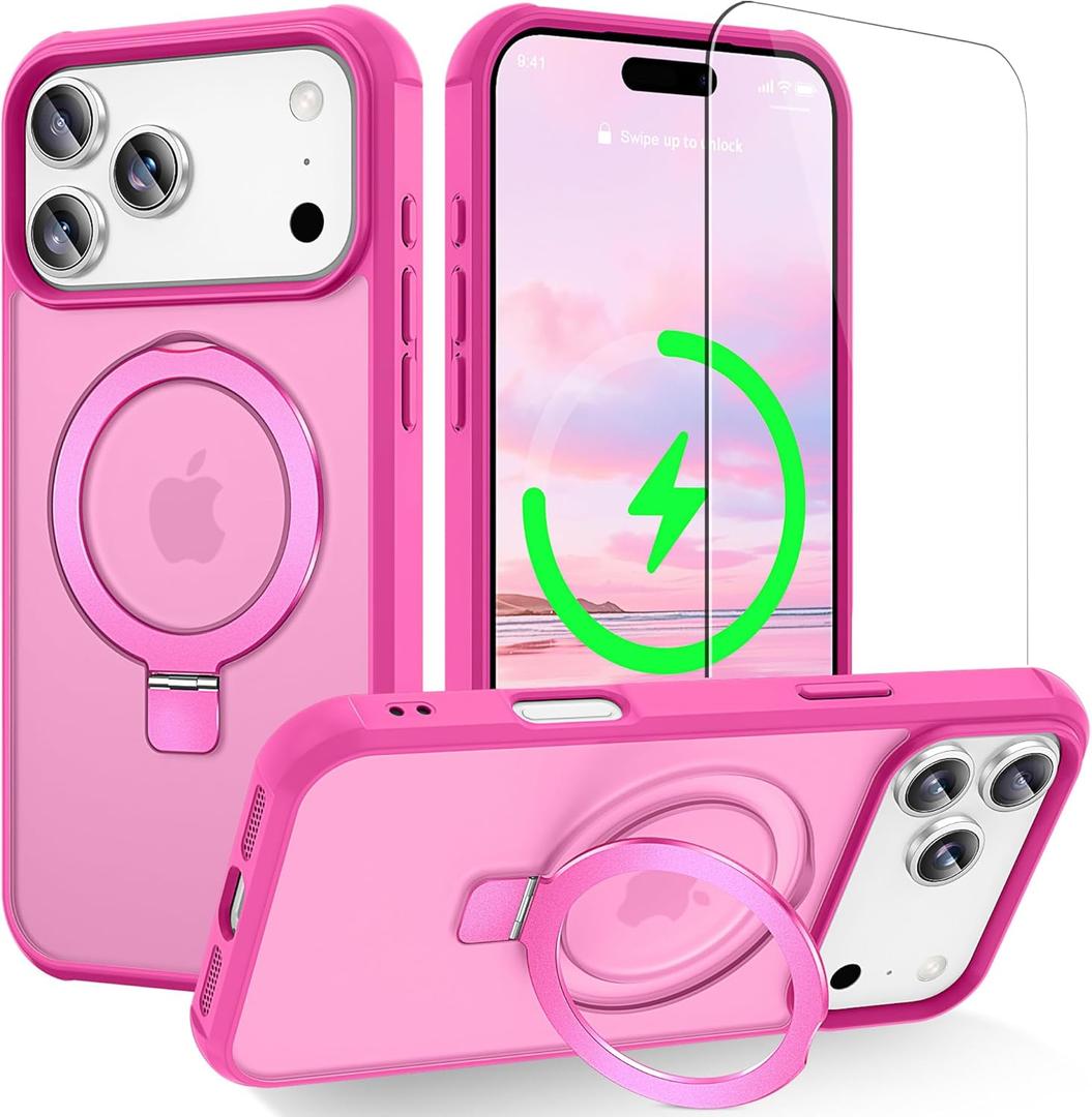 BAISRKE Compatible with iPhone 17 Pro Case with Invisible Magnetic O-Ring Stand Military-Grade Translucent Case for iPhone 17 Pro 6.3" [Compatible with Mag-Safe][Glass Screen Protector],Rose Red