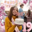 19th Birthday Decoration for Girls Pink Birthday Party Balloon Decoration Set Happy Birthday Banner Crown Birthday Strap Confetti Balloons Birthday Party (19th)