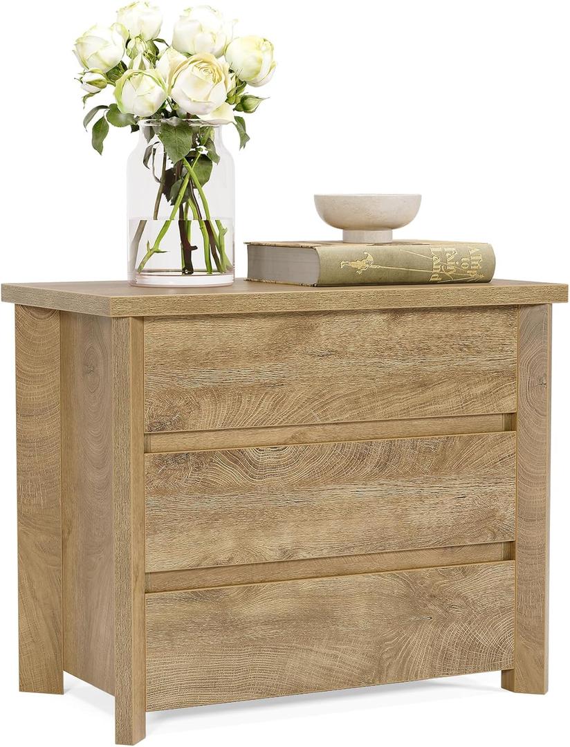 LITTLE TREE 3-Drawer Nightstand, Wooden Farmhouse Bedside Table for Bedroom, Large Wide Nightstand with Drawers, Oak