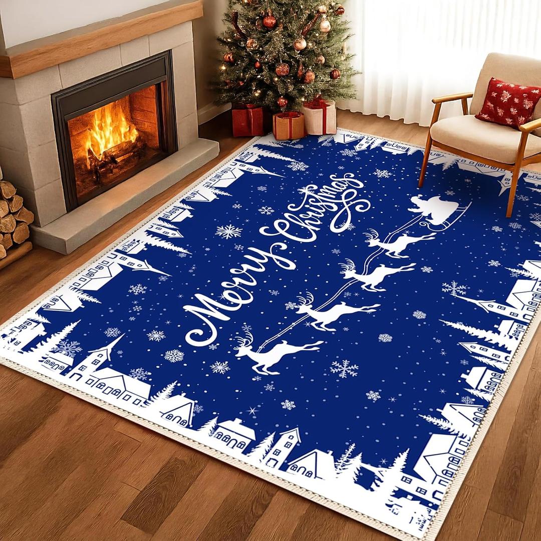 Dunzy Christmas Rug 5 x 7 ft Blue Snowflakes Merry Christmas Area Washable Rug Winter Village Xmas Non Slip Soft Indoor Decor for Kitchen Entryway Bathroom Bedroom Laundry Room