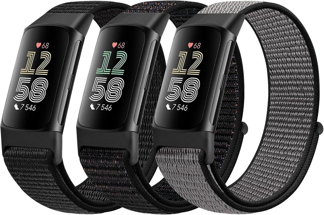 Sport Loop Nylon Watch Bands Compatible with Fitbit Charge 6/5, Adjustable Breathable Replacement Soft Nylon Loop Wristband for Women/Men (Dark Black+Official Black+Iron Grey)