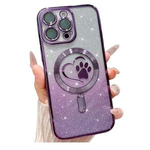 Weonmov for iPhone 16 Pro Max Case, Glitter Clear Cute Paw Love Heart, Compatible with MagSafe, Strong Magnetic Full Camera Lens Protection Cover, Soft Slim Bling Phone Case 6.9" - Purple