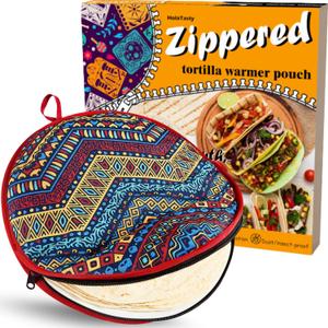 Zippered Tortilla Warmer Pouch - Fit 10 Burrito Size Tortillas, Insulated Fabric - Semicircular Secure Zipper, Microwave Heater Portable Taco Holder for Picnic RV Lunch Trip - Cinco de Mayo, 12 Inch